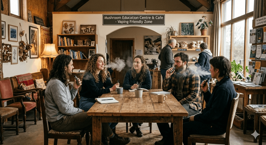 Group vaping indoors at a rustic Mushroom Education Centre & Cafe designated vaping-friendly zone, seated around a wooden tab